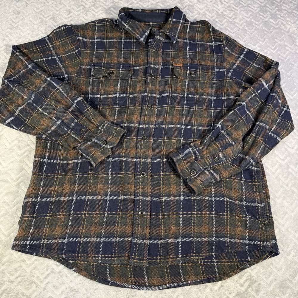 Orvis Men XL Heavy Cotton Flannel Shirt Blue Brown Plaid Pockets Shacket Gorp